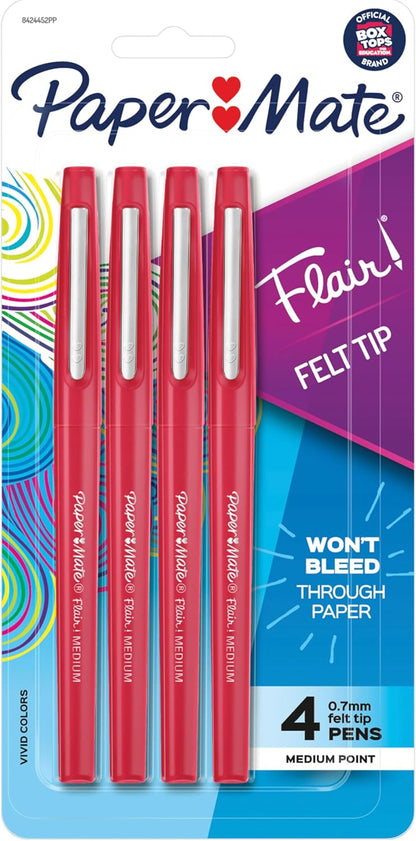 Paper Mate Flair Felt Tip Pens, Medium Point (0.7mm), Red, 4 Count