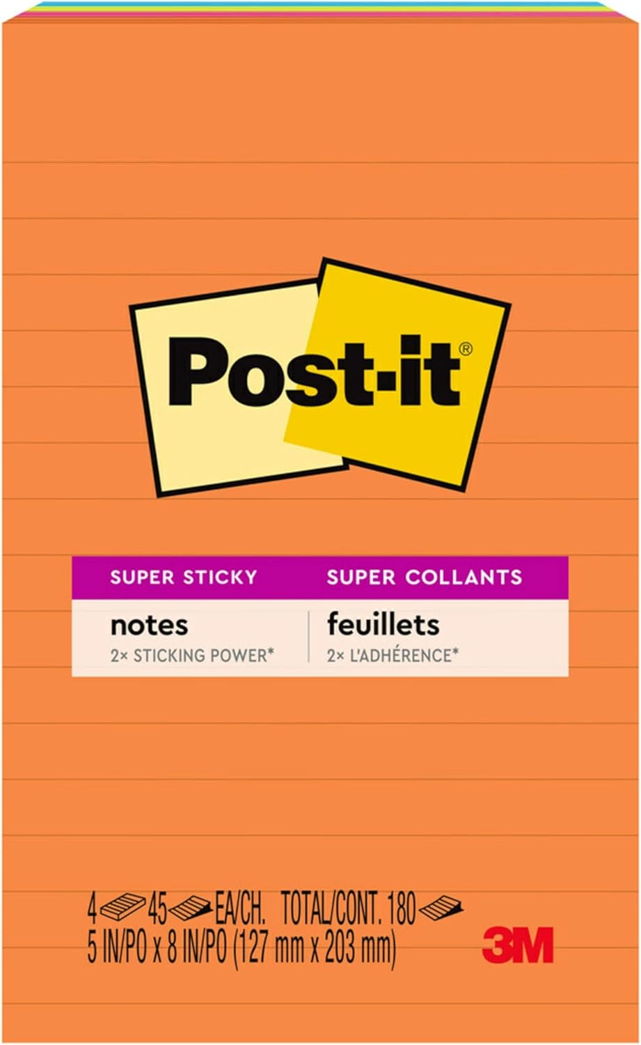 Post-it Super Sticky Lined Notes, 4 Sticky Note Pads, 5 x 8 in., School Supplies, Office Products, Sticky Notes for Vertical Surfaces, Monitors, Walls and Windows, Energy Boost Collection