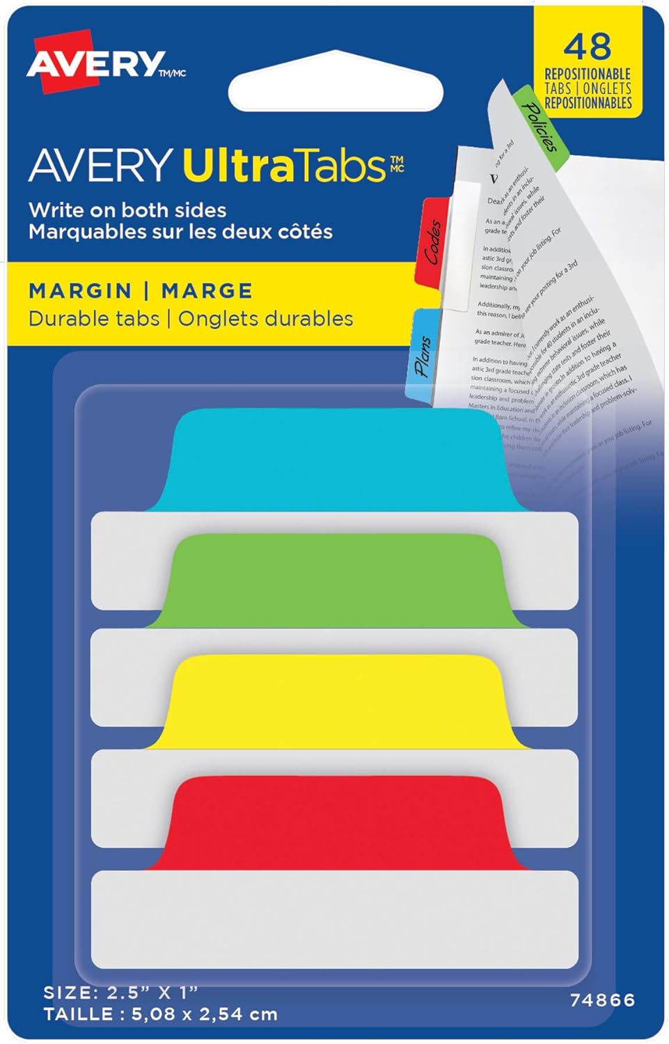 Avery Margin Ultra Tabs, 2.5" x 1", 2-Side Writable, Assorted Pastel Colors, 48 Repositionable Tabs (74867)
