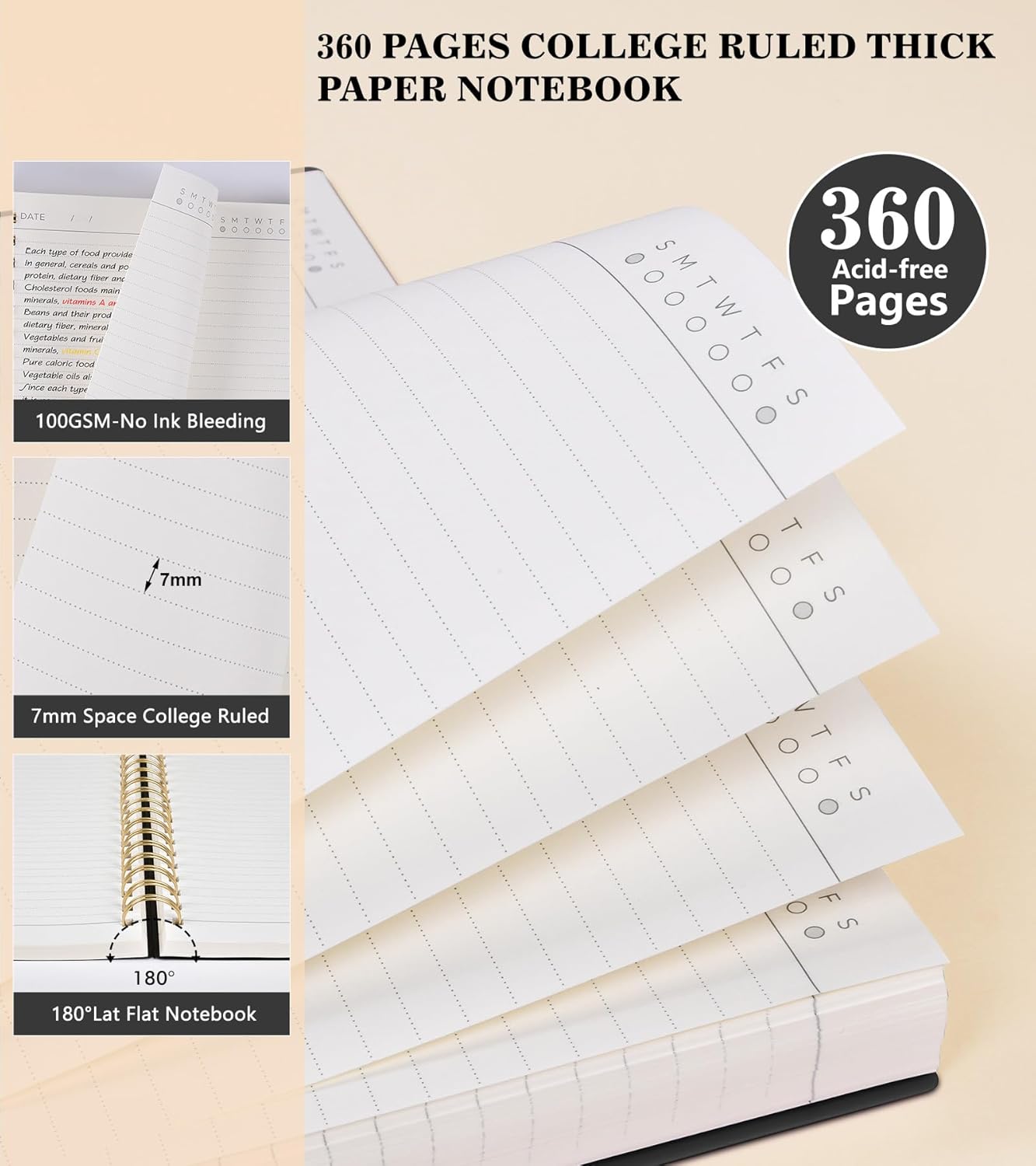 MUAHLIUB Spiral Notebook Journal College Ruled, 360 Pages Lined Thick Journals for Women Men, B5 Big Notebooks with 100GSM Paper, Spiral Bound Journaling for Writing Work School Black 7.6"×10"