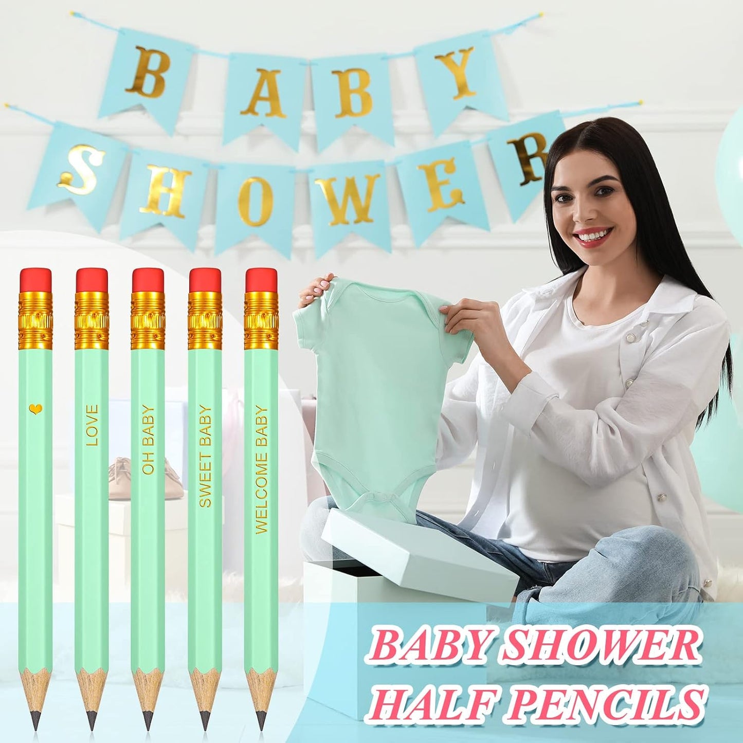 Crtiin 50 Pieces Baby Shower Pencils for Activities Mini Golf Half Pencils, Presharpened with Erasers, 4 Inch(Wood Color,Simple Style)