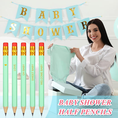 Crtiin 50 Pieces Baby Shower Pencils for Activities Mini Golf Half Pencils, Presharpened with Erasers, 4 Inch(Wood Color,Simple Style)