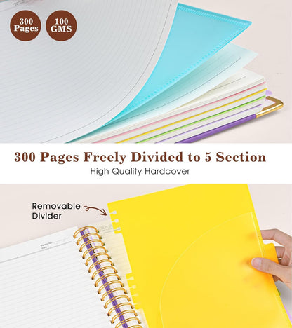 Hardcover Large Spiral Notebook 8.5" x 11" with Removable Dividers Tabs, 300 pages Leather 5 Subject Notebook College Ruled, A4 Journal for Women Men, Notebooks for Work School Note taking,Black