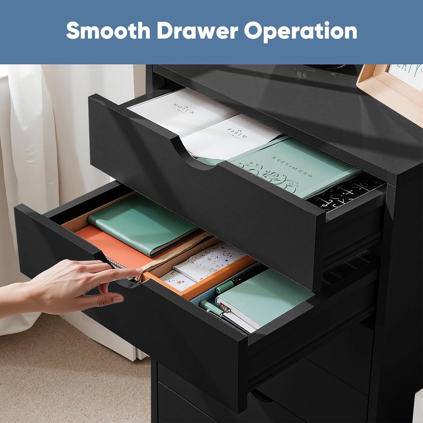 OLIXIS 5 Drawer Mobile File Cabinet Under Desk Storage Organization with Wheels Vertical Filing Chest Rolling Wood Small Desk Printer Stand for Home Office, 15.75"D x 18.74"W x 25.39"H, Black