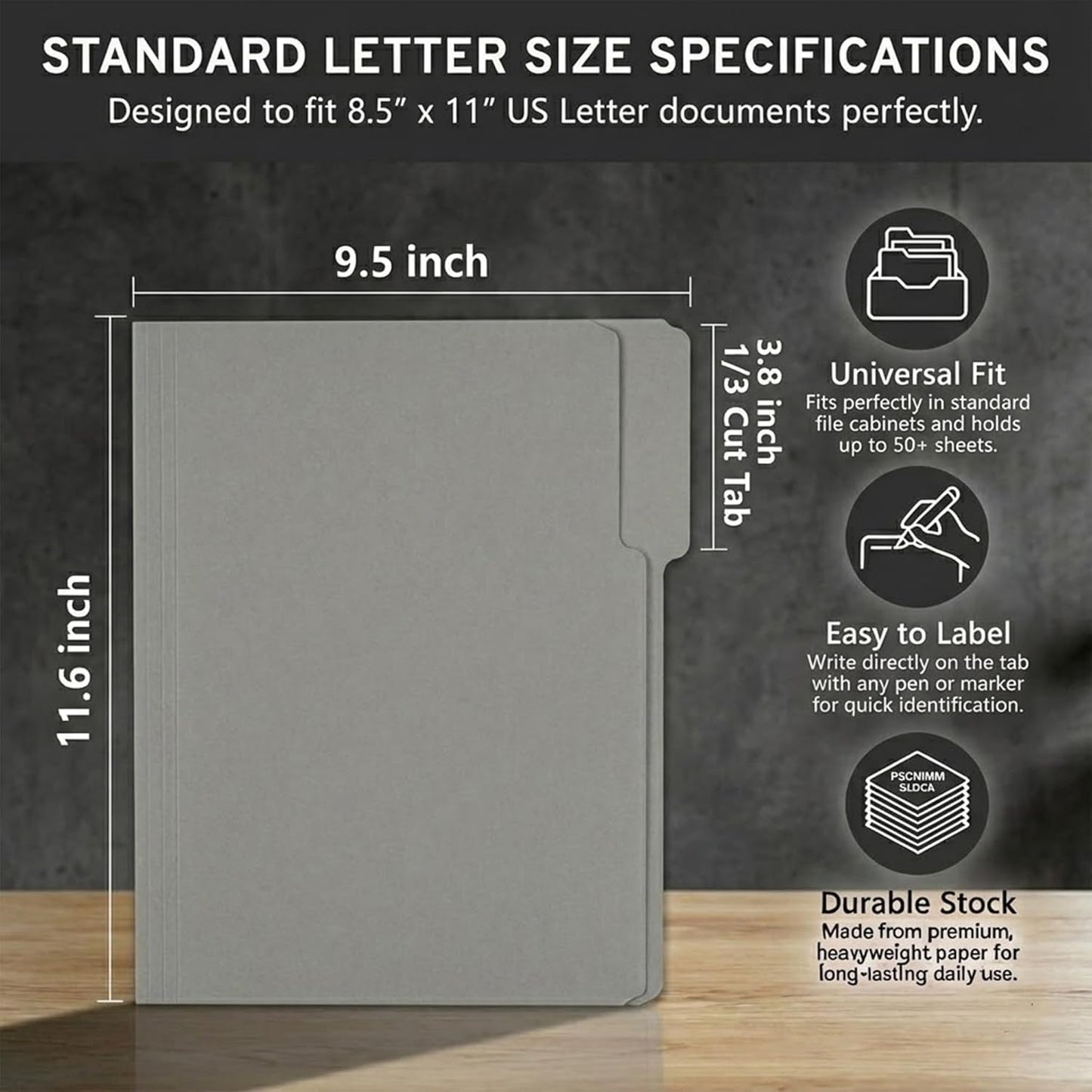VZCPYTPM 100 Packs Black File Folder,Manilla File Folders Letter Size,1/3-Cut Tabs,8.5x11 File Folders for Office Filing,School Projects and Home,Organizer File Folder