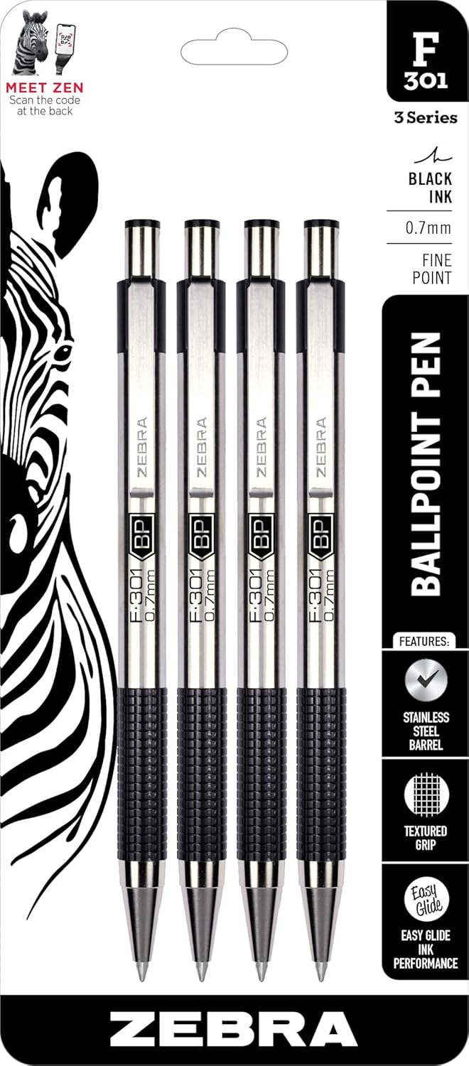 Zebra Pen F-301 Ballpoint Black, Blue, Red and Green Ink, Fine Point 0.7mm Pen, Easy-Glide Ink, Stainless Steel Retractable, Non-Slip Grip, Professional Design, Ideal for Office, 4-Pack (27174)