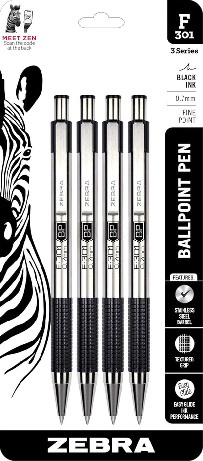 Zebra Pen F-301 Ballpoint Black, Blue, Red and Green Ink, Fine Point 0.7mm Pen, Easy-Glide Ink, Stainless Steel Retractable, Non-Slip Grip, Professional Design, Ideal for Office, 4-Pack (27174)