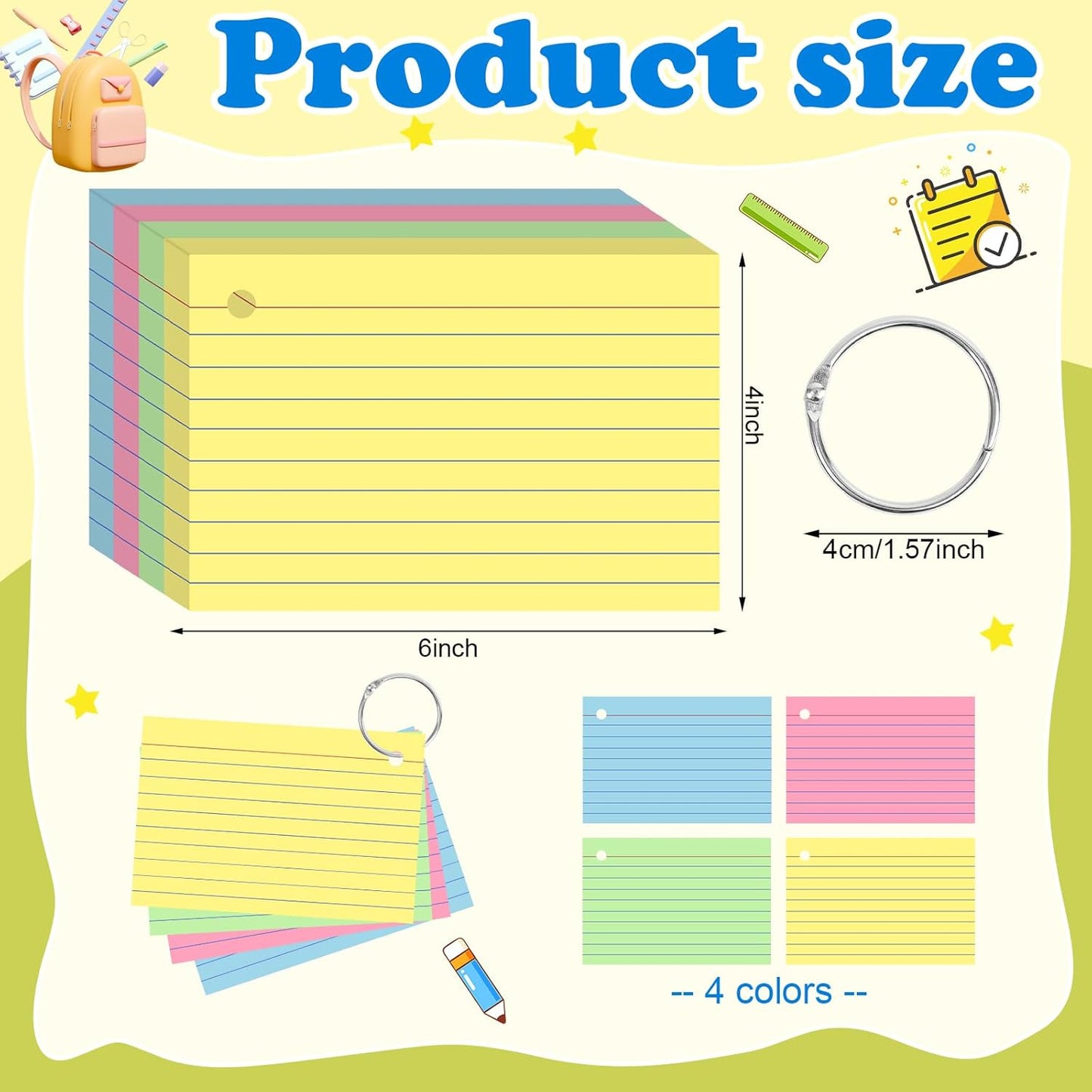 Colored Index Cards 3x5 Inch Heavyweight Flash Cards with Ring Lined Flashcards Note Cards for Studying School Supplies College, 200 Count