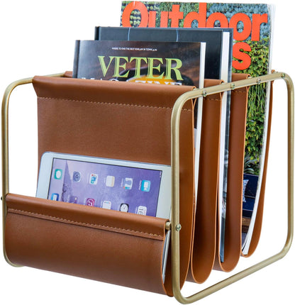 MyGift Modern Brass Tone Metal & Caramel Leatherette Desktop Folder Holder – Office Mail Sorter Organizer for Desk, Letters, Files, and Documents