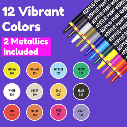 Acrylic Paint Markers Dual Tip (12 Pack) - Acrylic Markers Paint Pens for Rocks - Bold Acrylic Paint Pens Fine Tip and Dot Tip - Fabric Makers Permanent for Clothes Water Based Markers - Chalky Crown