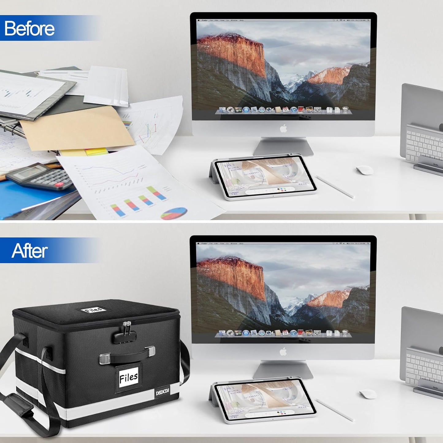 File Box with Lock - Portable File Organizer Box with Handle, Sturdy Important Document Organizer with Label, Slide, Reflective Strip for Hanging Letter/Legal Folder