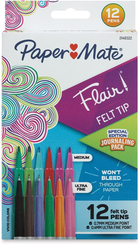 Paper Mate Flair Felt Tip Pen Set, Journaling Pack, Assorted Colors, Set of 12