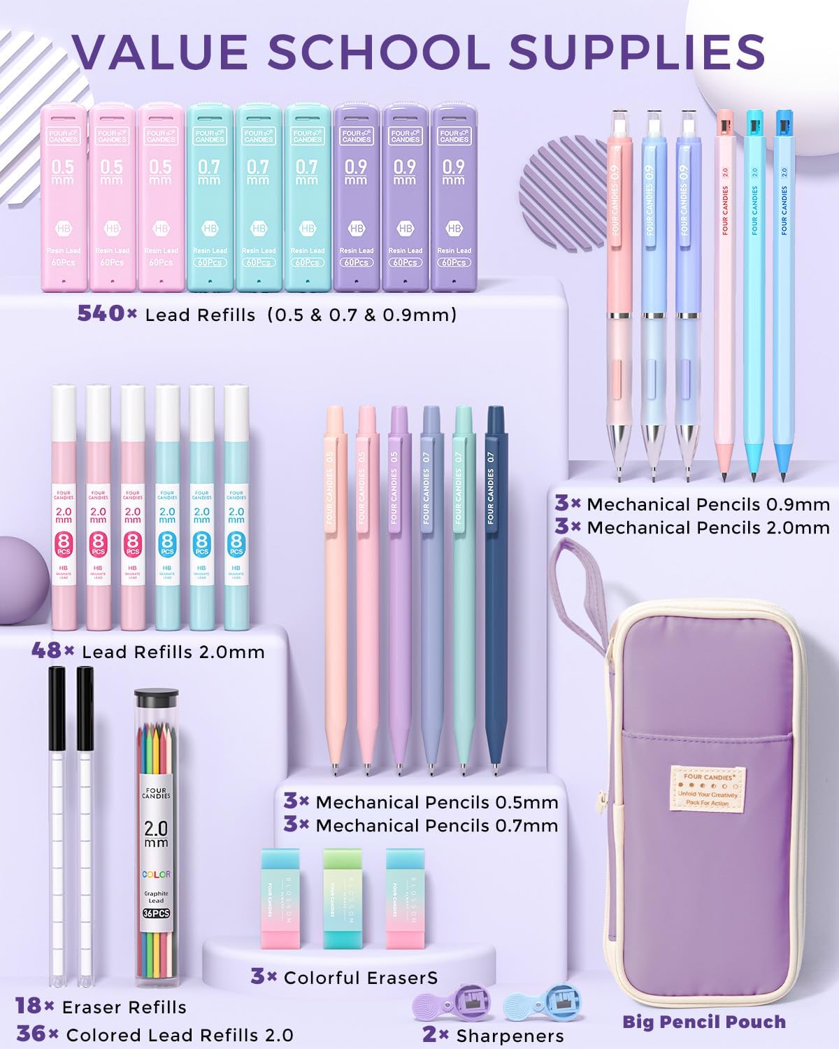 Four Candies 42PCS Aesthetic School Supplies, Mechanical Pencil Set 0.5mm, 0.7mm, 0.9mm, 2.0mm with 696 Lead Refills, Pastel Mechanical Pencils for Writing, Drawing & Drafting (Cream)