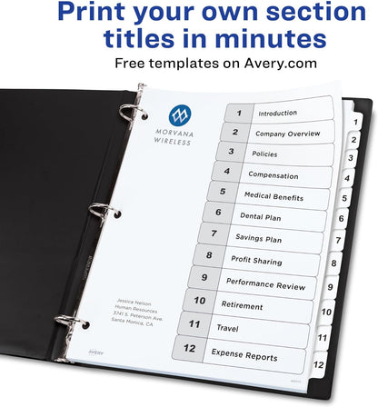 Avery Dividers for 3 Ring Binders, 12 Tabs per Set, Customizable Table of Contents, Classic White Tabs, Great for Organizing Reports, Projects, and More (3 Sets of 11078)