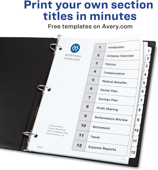 Avery Dividers for 3 Ring Binders, 12 Tabs per Set, Customizable Table of Contents, Classic White Tabs, Great for Organizing Reports, Projects, and More (3 Sets of 11078)