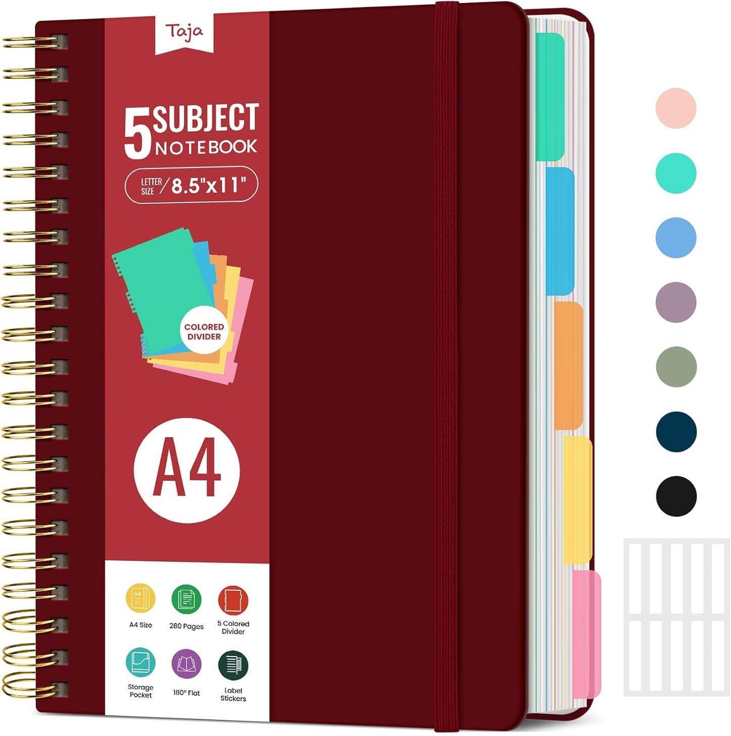 Hardcover Spiral Journal Notebooks for Work With Removable Dividers & Tabs, 8.5"x11" 5 Subject Notebook for Note Taking & Organizer, A4 College Ruled Lined Journal for Women & Writing, Aquamarine, 280 Pages