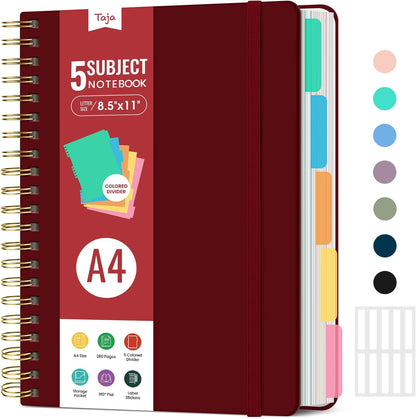 Hardcover Spiral Journal Notebooks for Work With Removable Dividers & Tabs, 8.5"x11" 5 Subject Notebook for Note Taking & Organizer, A4 College Ruled Lined Journal for Women & Writing, Aquamarine, 280 Pages