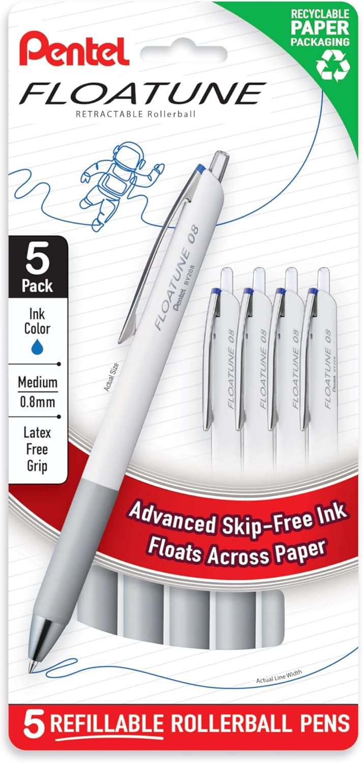 Pentel Floatune Retractable Rollerball, 0.8mm Medium Point, Black Ink, 5-pk (BY208PF5A)