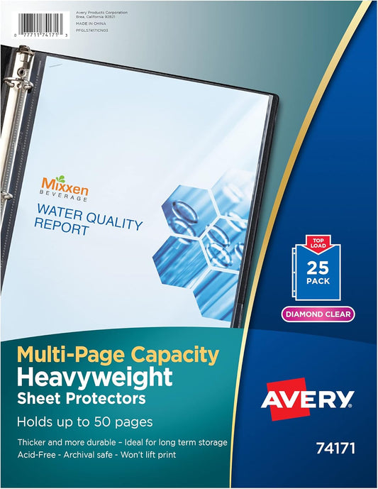Avery Clear High-Capacity Sheet Protectors, Hold 50 Sheets, Heavyweight, 25 Multi Page Protectors (74171)