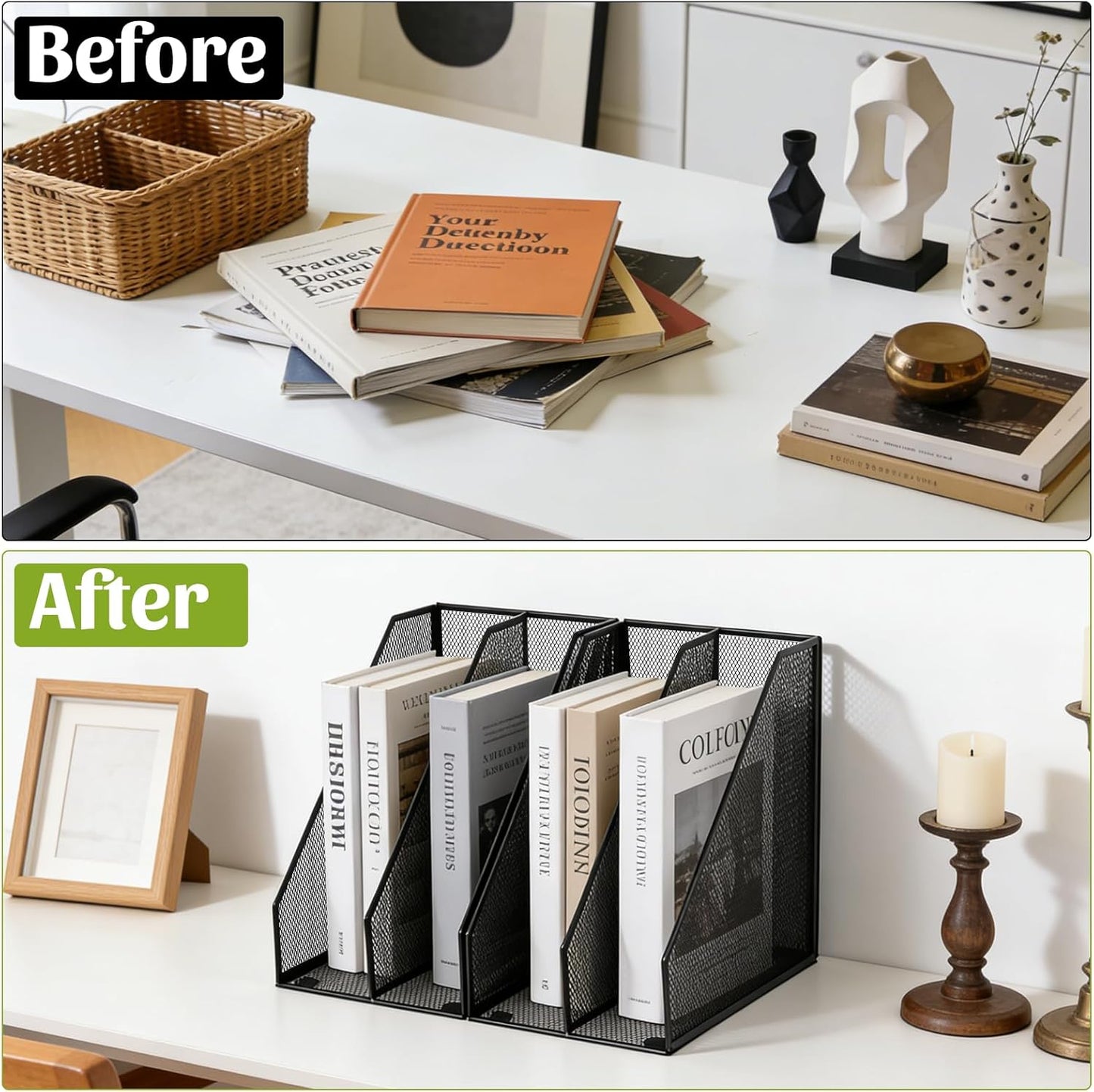 Carperipher Metal Mesh Magazine File Holder, 2 Pcs Desk Document Organizer, 2 Compartments Desk Organizers, Mesh Desktop Organizer and Storage, Black