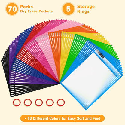 Gamenote Dry Erase Pockets 30 Pack with Rings, Oversized Reusable Plastic Sleeves Shop Job Ticket Holders Sheet Protectors Teacher Supplies Organization for Classroom Must Have, 10x14 Inches (Black)
