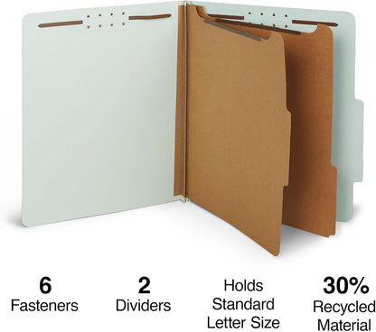Staples 60% Recycled Pressboard Classification Folders, Letter Size, 2‑Dividers, 2.5" Expansion, Light Gray/Green – 20/Carton