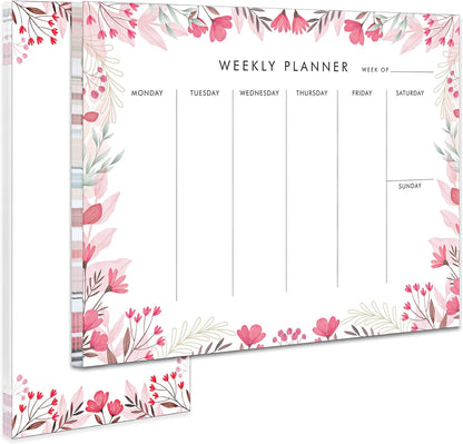 Weekly Planner Notepad Tear Off Set of 2 Weekly Calendar Pad 52 Undated To Do List Notepad Sheets Desk Planner Planning Pads Productivity Tracker for Work Goals Notes Schedule Ideas, Floral Blue