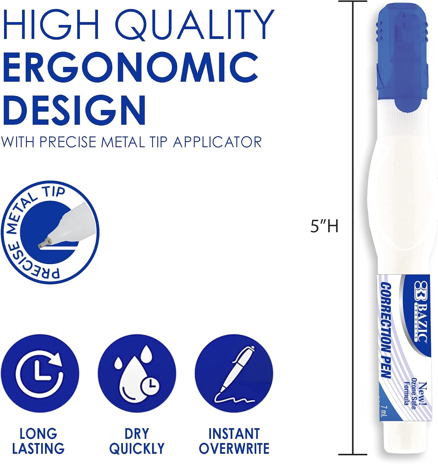 BAZIC Products Correction Pen, Metal Tip, 2 Count