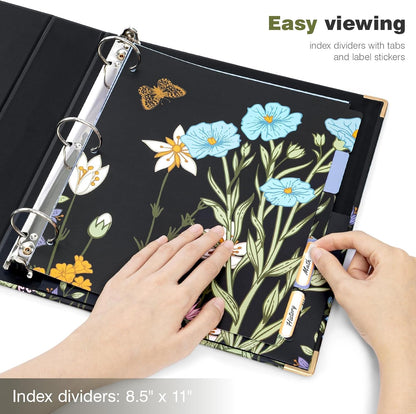 Ospelelf Binder 3 Ring 1 Inch, Floral Round Ring Clipboard Binder for Letter Size with 5 Tab Dividers, File Folder Labels, for School and Office Supplies