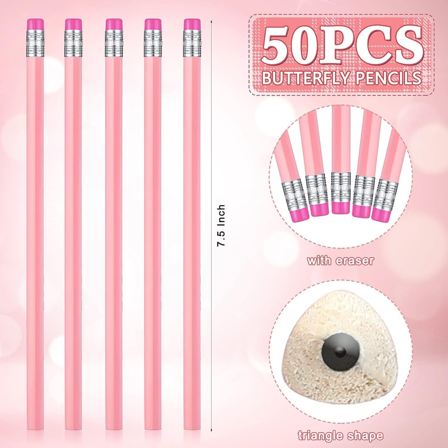 Tinlade 50 Pcs Triangular Grip Pencils Wood Wedding Pencils HB Graphite Pencil Pack Eraser for Baby Shower Drawing Sketching Bridal Shower Office Supplies(Pink)