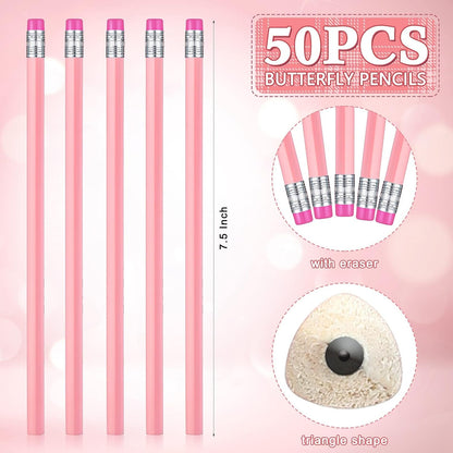 Tinlade 50 Pcs Triangular Grip Pencils Wood Wedding Pencils HB Graphite Pencil Pack Eraser for Baby Shower Drawing Sketching Bridal Shower Office Supplies(Pink)