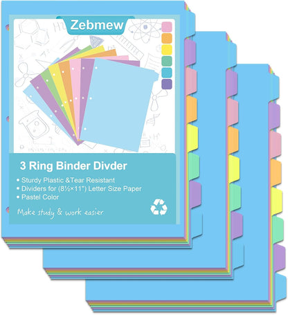 Cute 5 Tab Binder Dividers with Tabs, Write&Erase Plastic Dividers for 3 Ring Binder, Multicolor, Ring Binder Dividers with Tabs for School Office,6 Sets(30pcs)