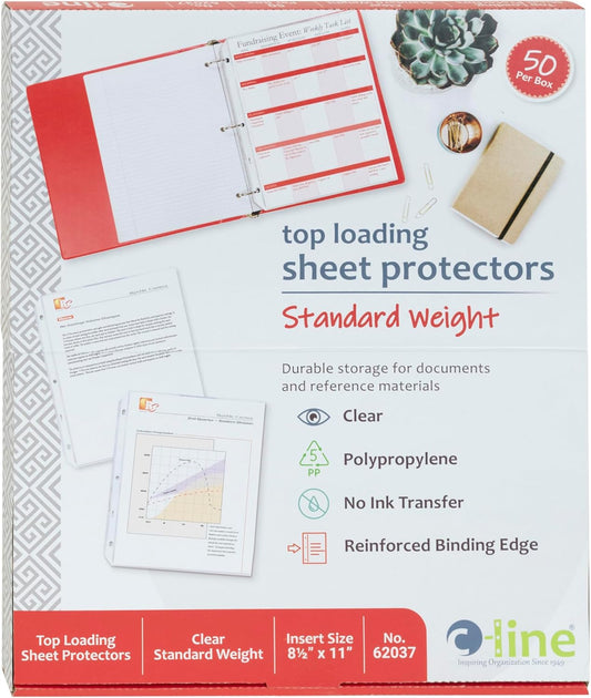 C-Line Top Loading Standard Weight Poly Sheet Protectors, Clear, 8.5 x 11 Inches, 100 per Box (62027)