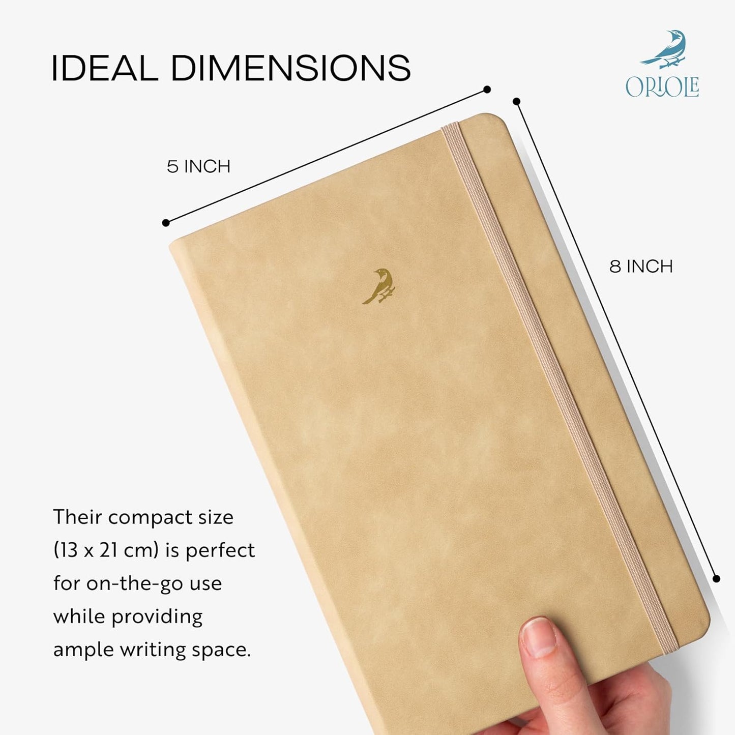 Oriole Vegan Leather Ruled Notebook - Chestnut Brown | 176 Pages of Thick Lined Paper | Soft Touch Hardcover Journal (5 x 8 in) with Gold Foil Bird Design & Luxury Gift Box
