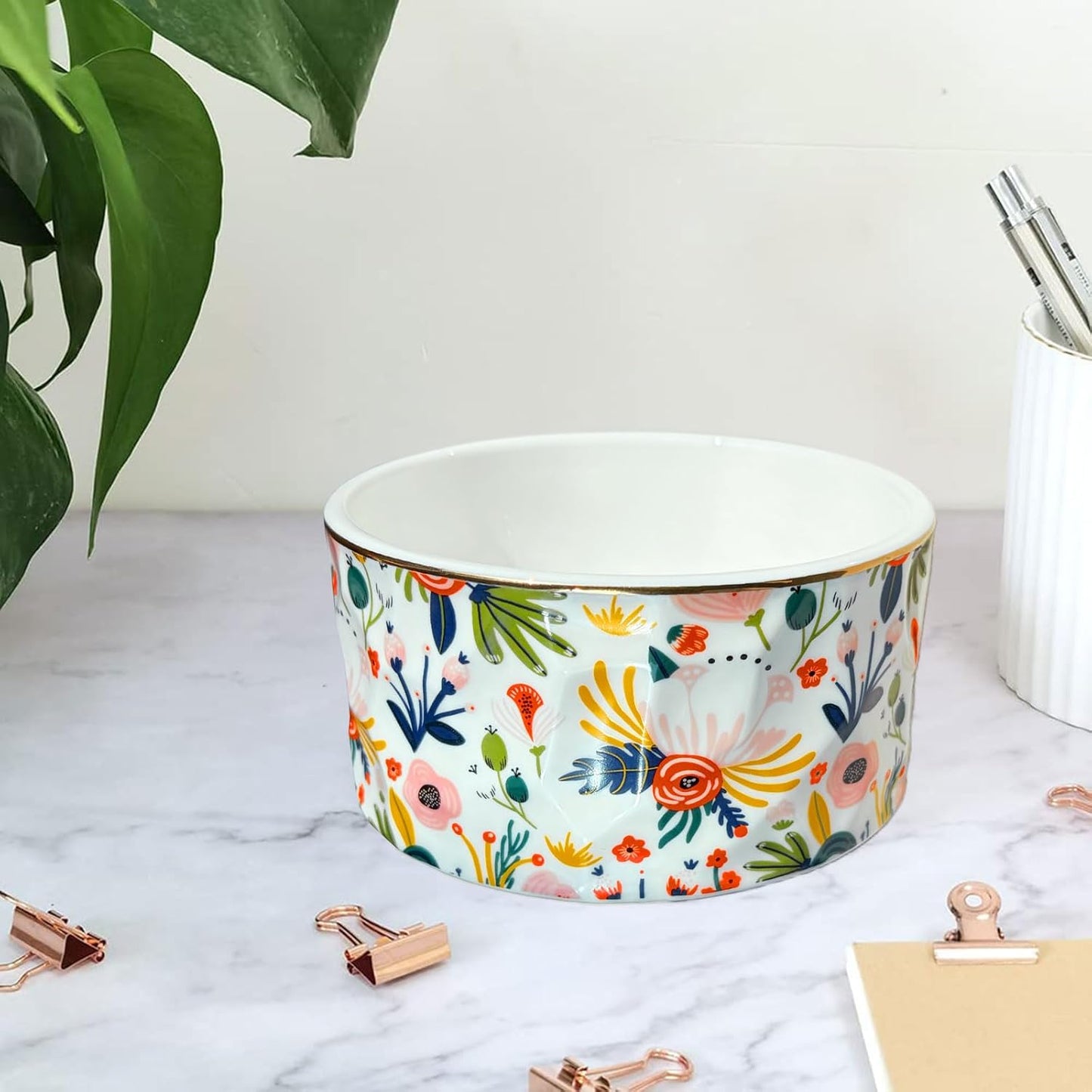 Paper Clip Holder Ceramic Paper Clip Holders Garden Floral Paperclips Holder Dispenser Cute Gold Line Paper Clip Organizer for Desk Binder Clip Holder Bobby Pin Hair Gift for Office Mint Flowers