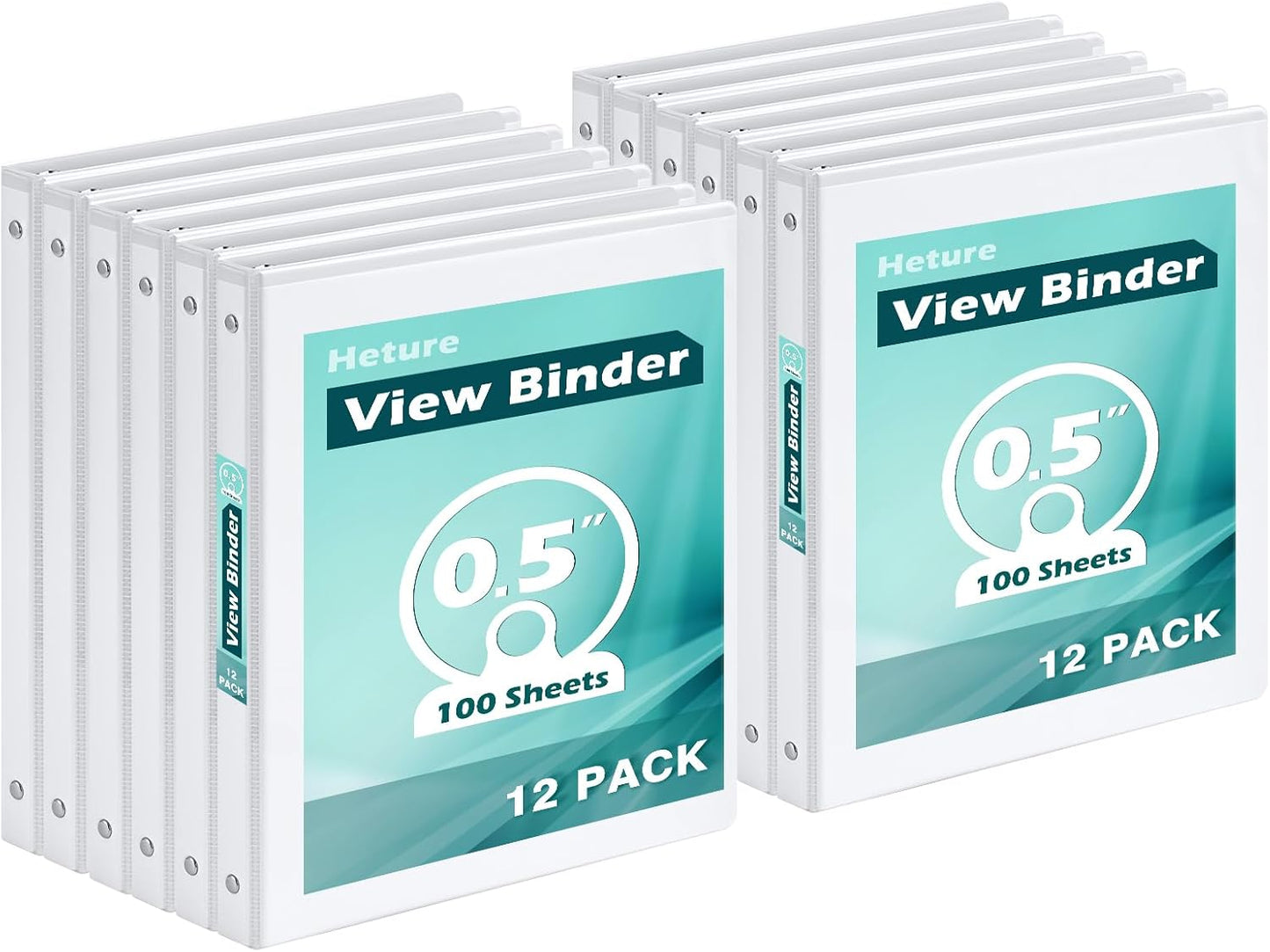Heture 3 Ring Binder 1 Inch 12 Pack, 1" Clear View with Round Rings, PVC-Free,Holds for 200 Sheets 8.5“ x 11" US Letter Size Paper, Durable White Binders Perfect for Office,School and Home