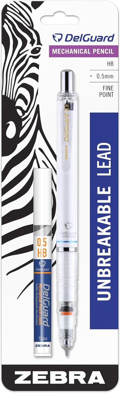 Zebra Pen DelGuard Mechanical Pencil 0.5mm, Black, Blue & White Barrel, Resists Lead Breaking, Double Spring Protection, Built-In Eraser, 3-Pack with Refills, Clip for Easy Carrying (58603)