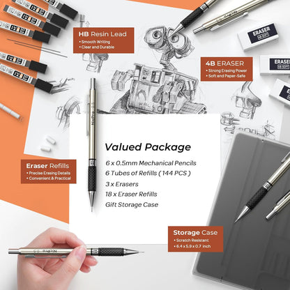 Nicpro 0.7 mm Art Mechanical Pencil Set in Storage Case, 3 PCS Metal Drafting Pencil Lead Pencil with 6 Tube HB Lead Refills, 3 Erasers, 9 PCS Eraser Refills for Artist Writing, Drawing, Sketching