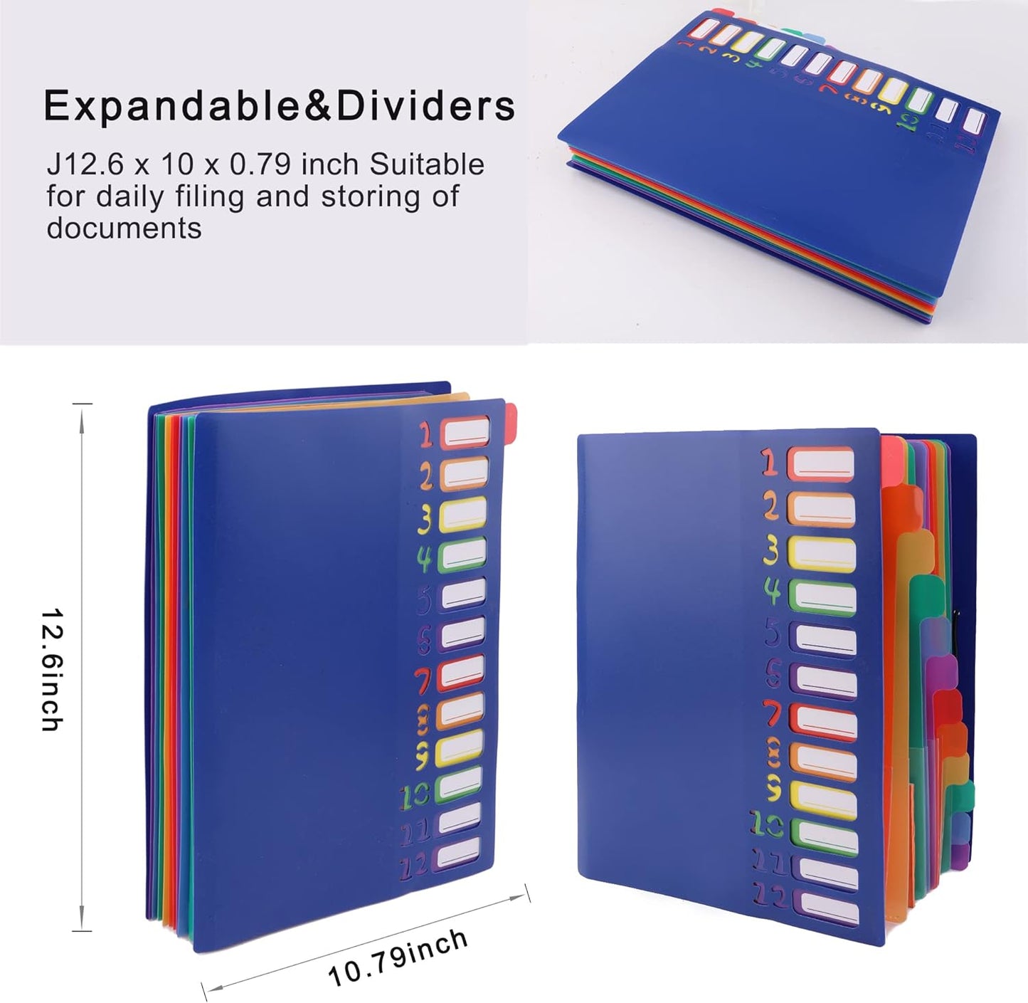 Edufun Rainbow Tab Expanding File Folder - 24 Pockets, Durable A4 Letter Size Organizer, Water-Resistant Plastic Dividers, Home/Office/School Document Holder (Black)