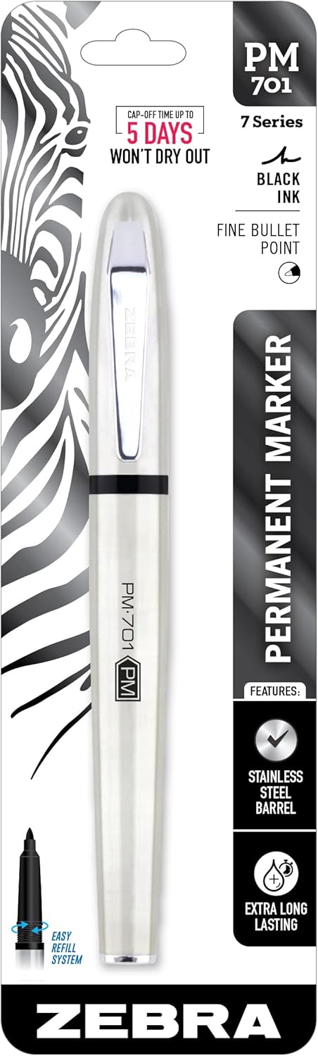 Zebra Pen, PM-701 Permanent Marker, Fine Bullet Point, Black Ink, Stainless Steel Barrel, Refillable, Includes 1 Refill, Cap Off Time of 120 Hours, 1-Pack (65211)