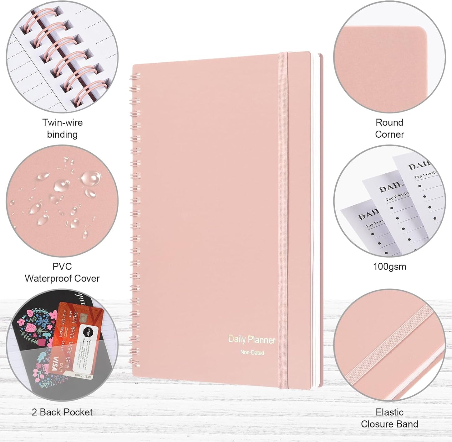 Daily Planner Undated, Asten To Do List Notebook Hourly Schedules Spiral Appointment Planner for Men and Women,PVC Hardcover,Elastic Closure, Inner Pocket 8.3" x 5.8" (Black)