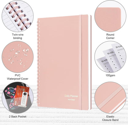 Daily Planner Undated, Asten To Do List Notebook Hourly Schedules Spiral Appointment Planner for Men and Women,PVC Hardcover,Elastic Closure, Inner Pocket 8.3" x 5.8" (Black)
