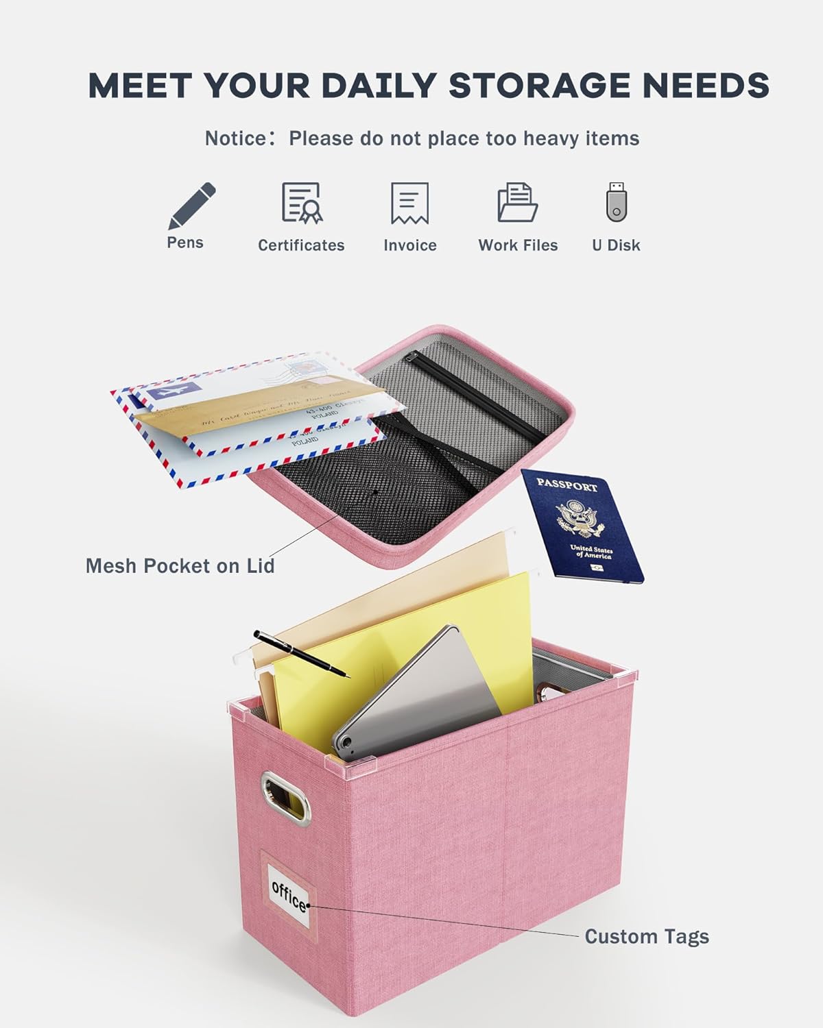 Oterri File Organizer Box with Lid, Hanging Filing File Box with Mesh Pocket, Document Organizer Box for Letter Files, Portable Storage Box with Smooth Sliding Rail for Office&Home (1 PCS, Beige)
