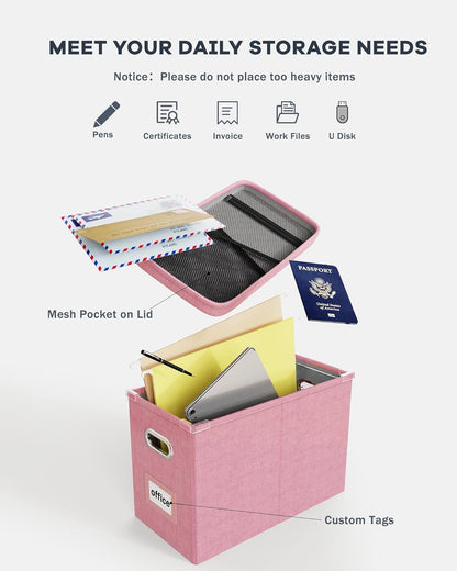 Oterri File Organizer Box with Lid, Hanging Filing File Box with Mesh Pocket, Document Organizer Box for Letter Files, Portable Storage Box with Smooth Sliding Rail for Office&Home (1 PCS, Beige)