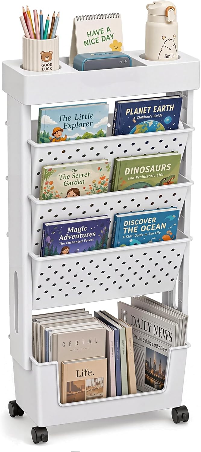 BYFU 6-Tier Movable Bookshelf Cart, Rolling File Storage Paper Organizer Mobile Bookcase with Wheels for Home Office Study Classroom, Black