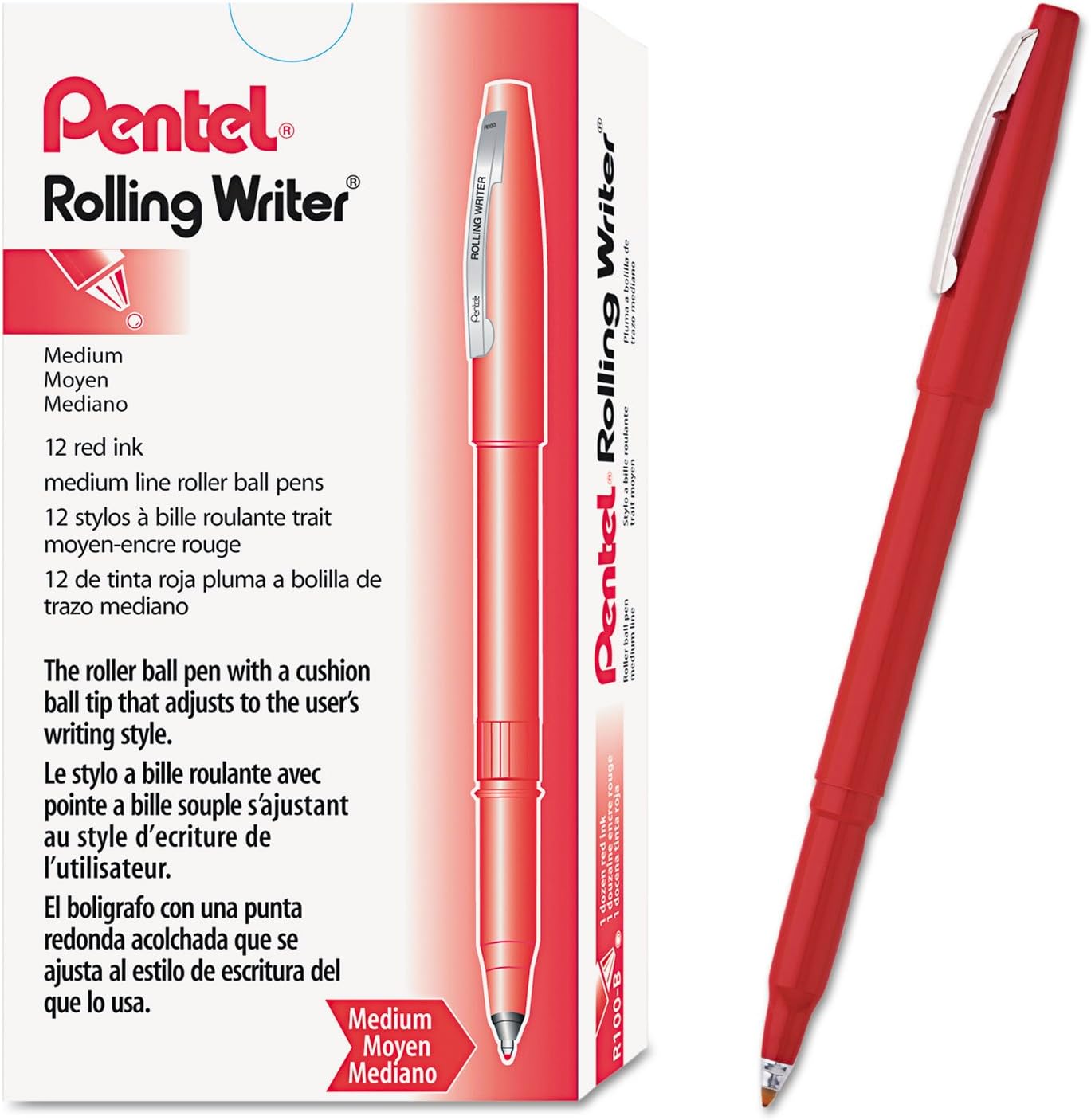 Pentel Rolling Writer Pen, 0.8 Millimeter Cushion Ball Tip, Black Ink, Box of 12 (R100-A)