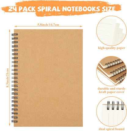 MIVIDE 24 Pack A5 Bulk Spiral Notebooks with Kraft Cover, 8.3 x 5.8 Inch 120 Pages Hardcover Spiral Lined Notebook Journal, Lined Travel Bulk Writing Notebook for School Office Supplies(Black, Kraft)