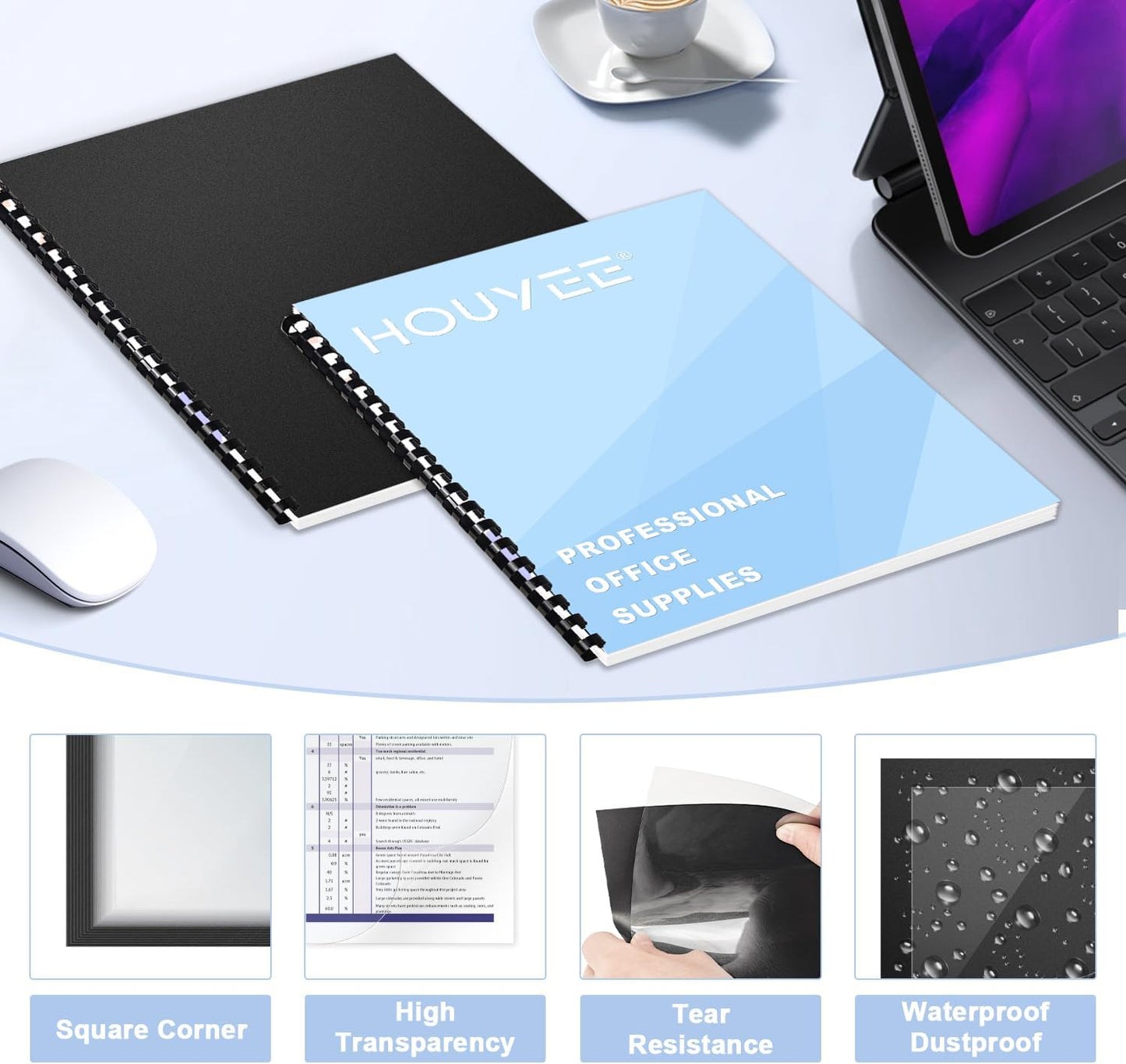 HOUYEE 120 Pack Binding Covers and Backs Set, 8.5x11 Inches, Including 60 Pcs 10 Mil Clear Binding Covers, 60 Pcs 12 Mil Black Plastic Sand Texture Polycovers, Letter Size