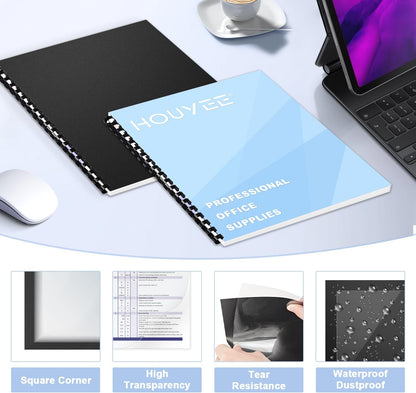 HOUYEE 120 Pack Binding Covers and Backs Set, 8.5x11 Inches, Including 60 Pcs 10 Mil Clear Binding Covers, 60 Pcs 12 Mil Black Plastic Sand Texture Polycovers, Letter Size