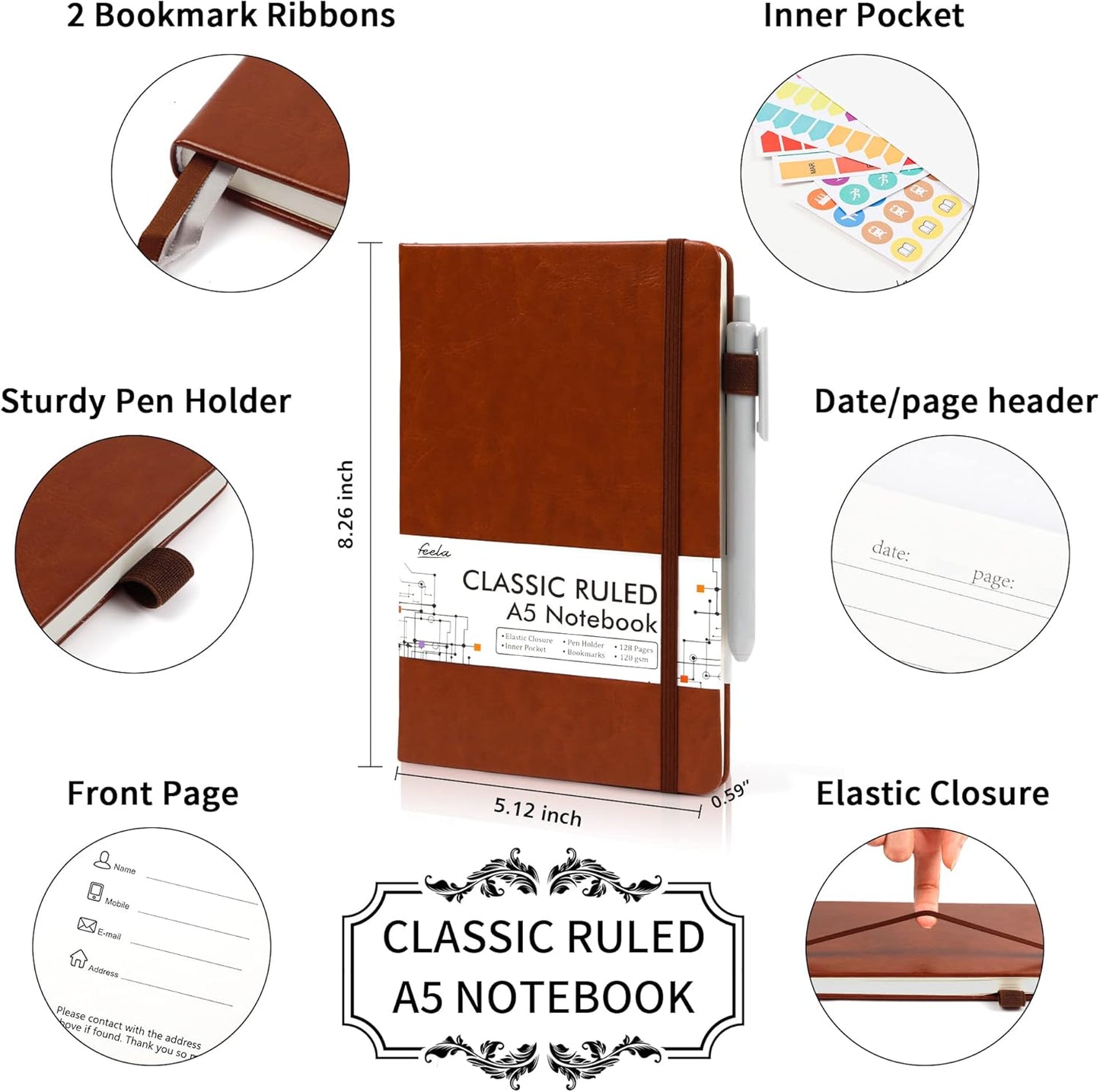 feela College Ruled Notebooks, 24 Pack Business Notebook Hardcover Lined Writing Journal with Pen Holder for Men Women Note Taking, with 24 Black Pens, 120 GSM, 5.1”x8.3”, A5, White